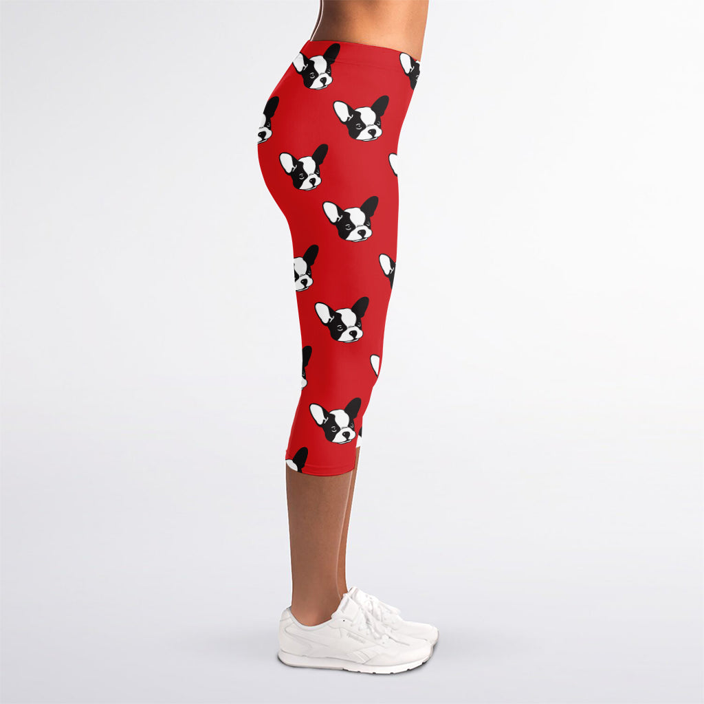 Red French Bulldog Pattern Print Women's Capri Leggings