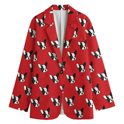 Red French Bulldog Pattern Print Women's Cotton Blazer