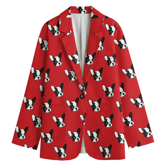 Red French Bulldog Pattern Print Women's Cotton Blazer