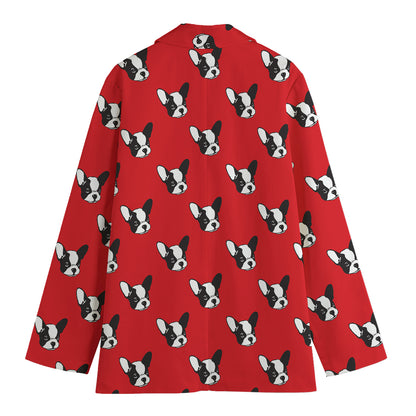 Red French Bulldog Pattern Print Women's Cotton Blazer