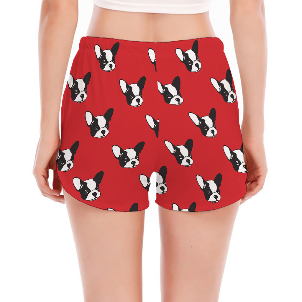 Red French Bulldog Pattern Print Women's Split Running Shorts