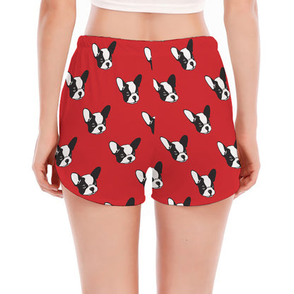 Red French Bulldog Pattern Print Women's Split Running Shorts