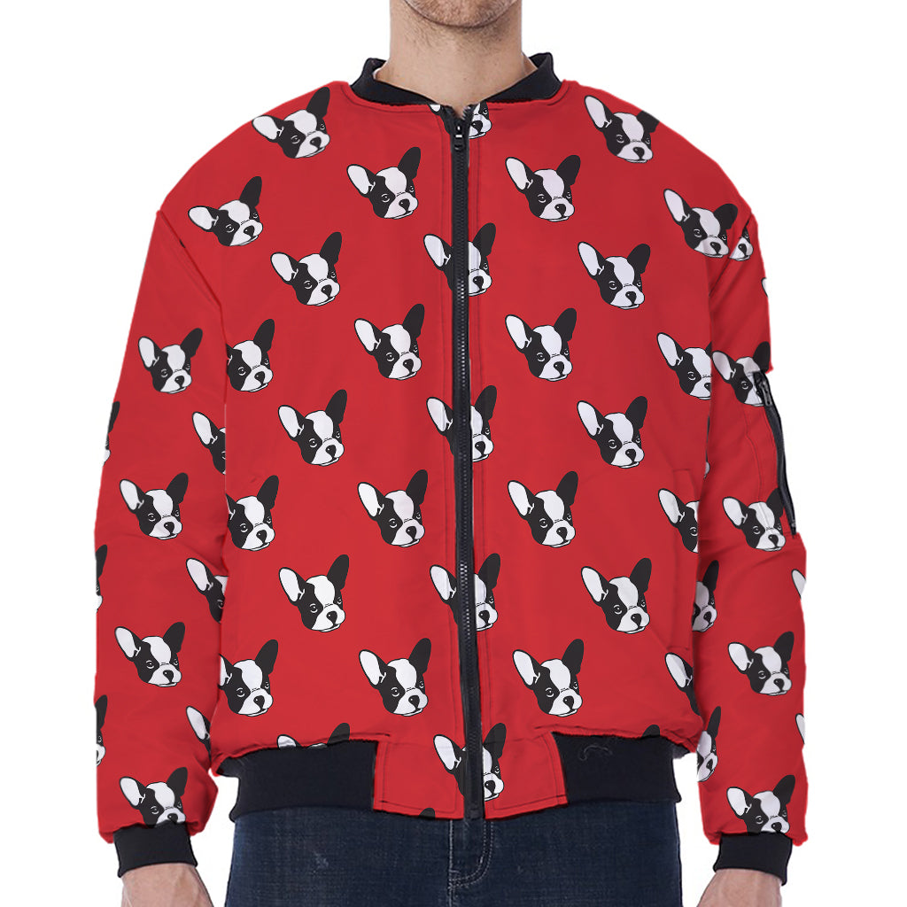 Red French Bulldog Pattern Print Zip Sleeve Bomber Jacket