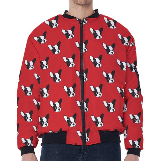 Red French Bulldog Pattern Print Zip Sleeve Bomber Jacket
