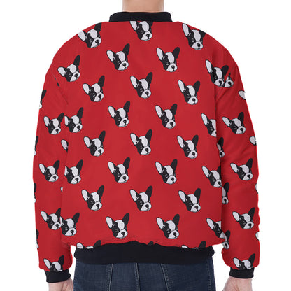 Red French Bulldog Pattern Print Zip Sleeve Bomber Jacket