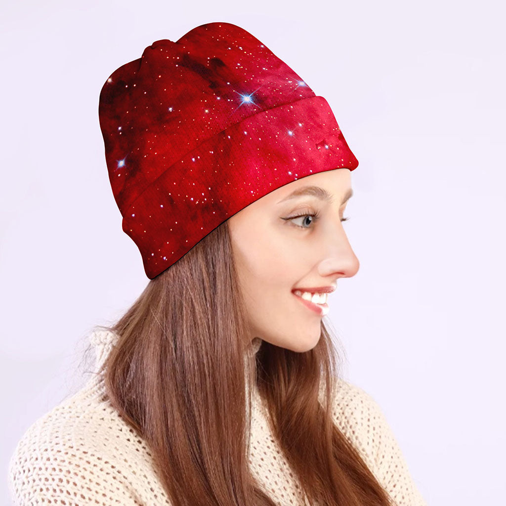 Red Galaxy Space Cloud Print Beanie