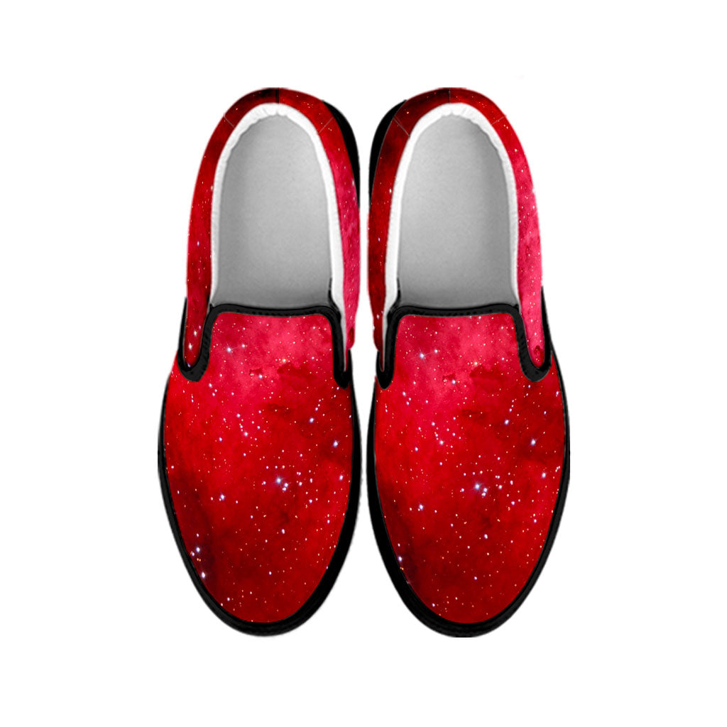 Red Galaxy Space Cloud Print Black Slip On Sneakers