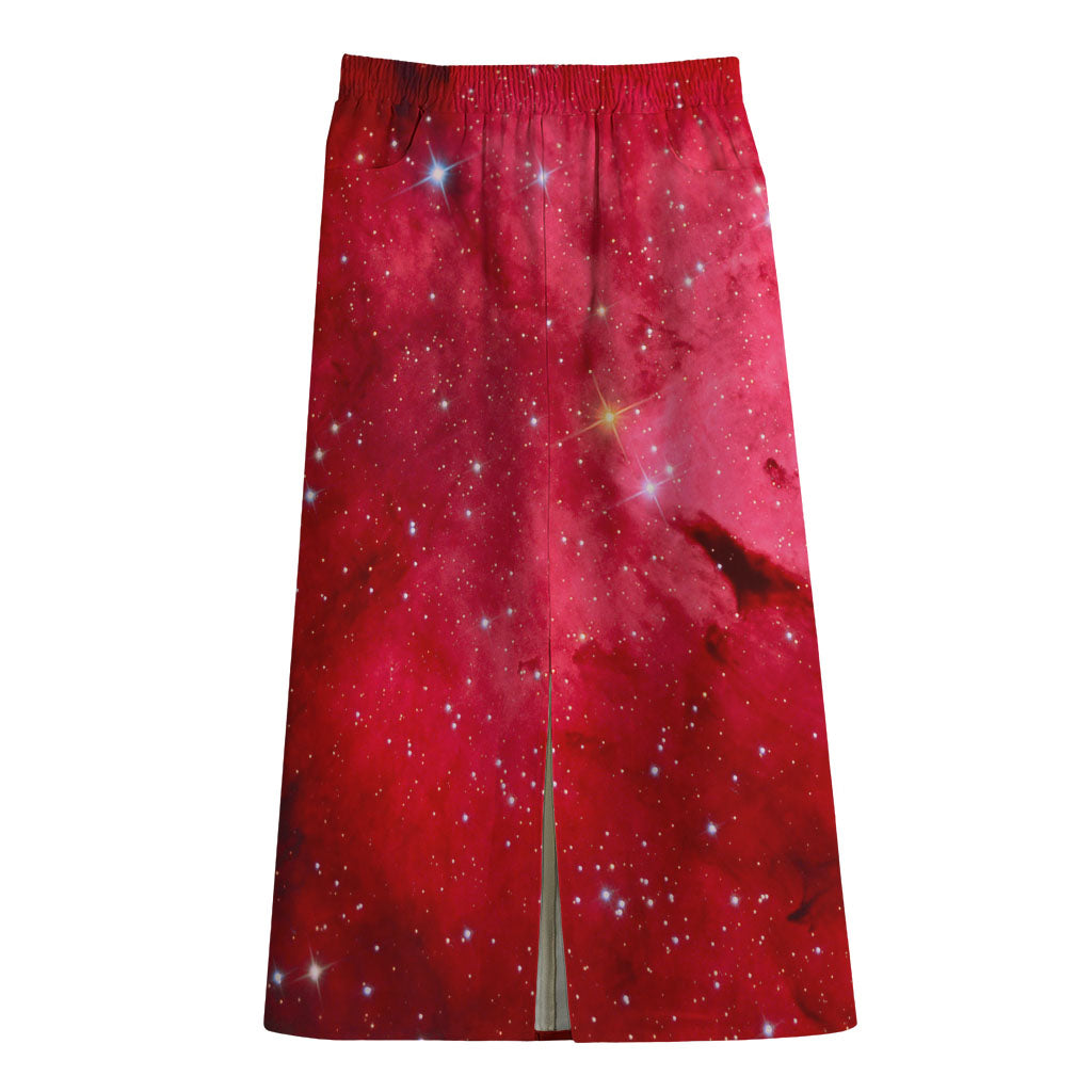 Red Galaxy Space Cloud Print Cotton Front Slit Maxi Skirt