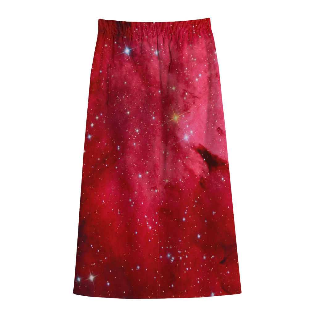 Red Galaxy Space Cloud Print Cotton Front Slit Maxi Skirt