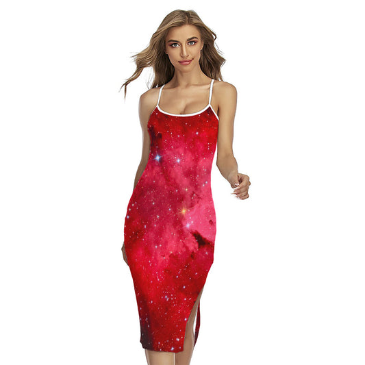 Red Galaxy Space Cloud Print Cross Back Cami Dress