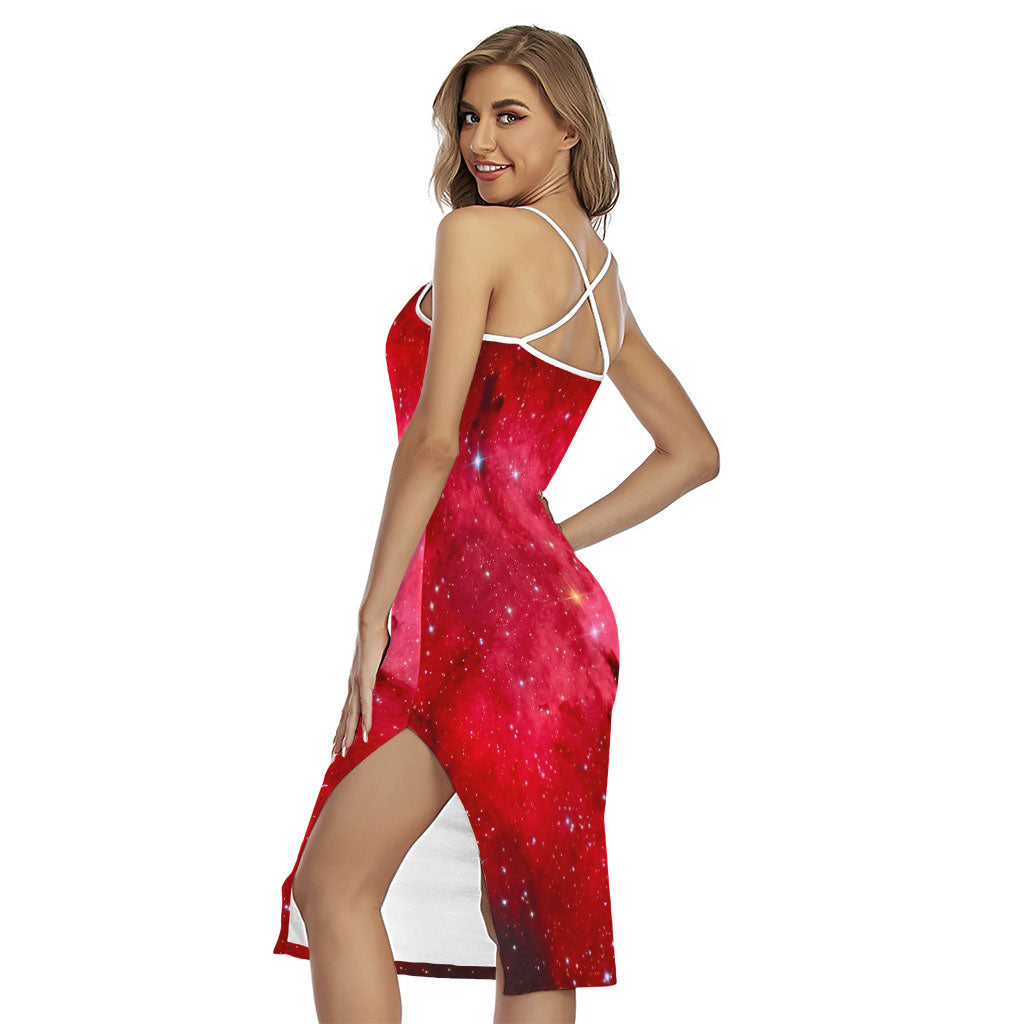 Red Galaxy Space Cloud Print Cross Back Cami Dress