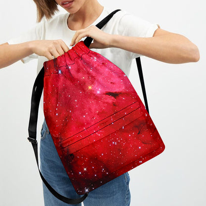 Red Galaxy Space Cloud Print Drawstring Backpack