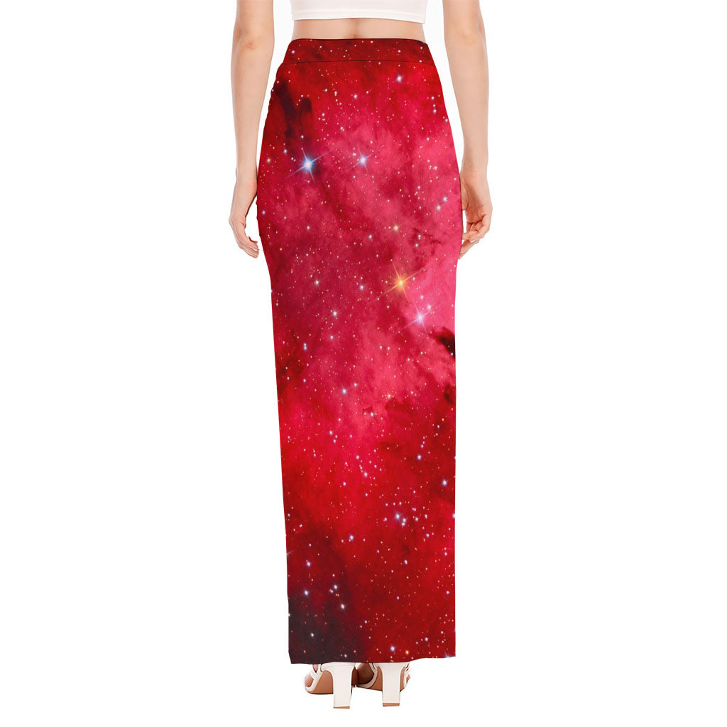 Red Galaxy Space Cloud Print High Slit Maxi Skirt