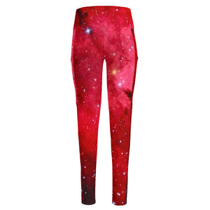 Red Galaxy Space Cloud Print High-Waisted Pocket Leggings