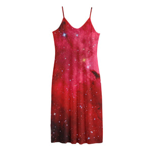 Red Galaxy Space Cloud Print Jersey Midi Cami Dress