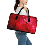 Red Galaxy Space Cloud Print Leather Duffle Bag