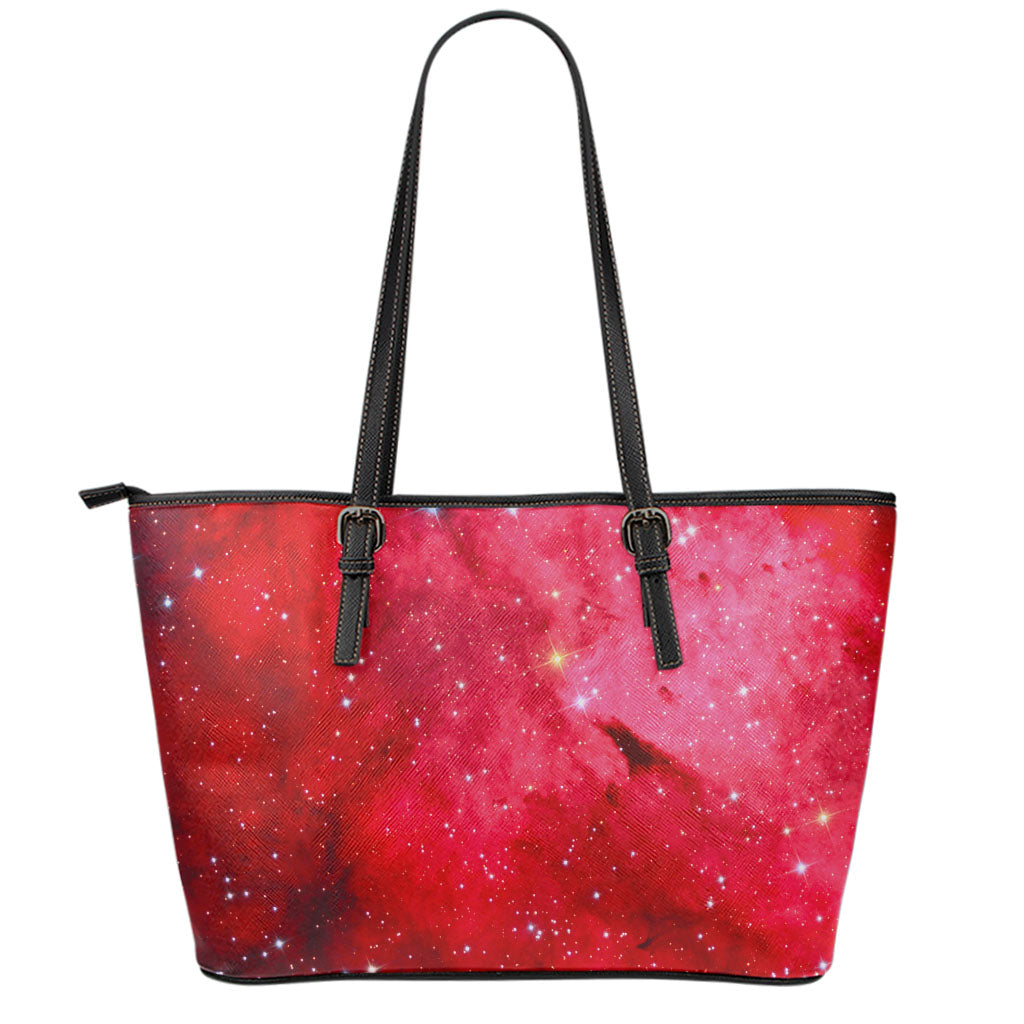 Red Galaxy Space Cloud Print Leather Tote Bag