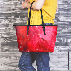 Red Galaxy Space Cloud Print Leather Tote Bag