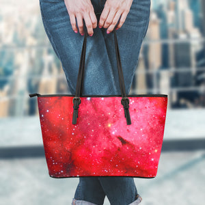 Red Galaxy Space Cloud Print Leather Tote Bag