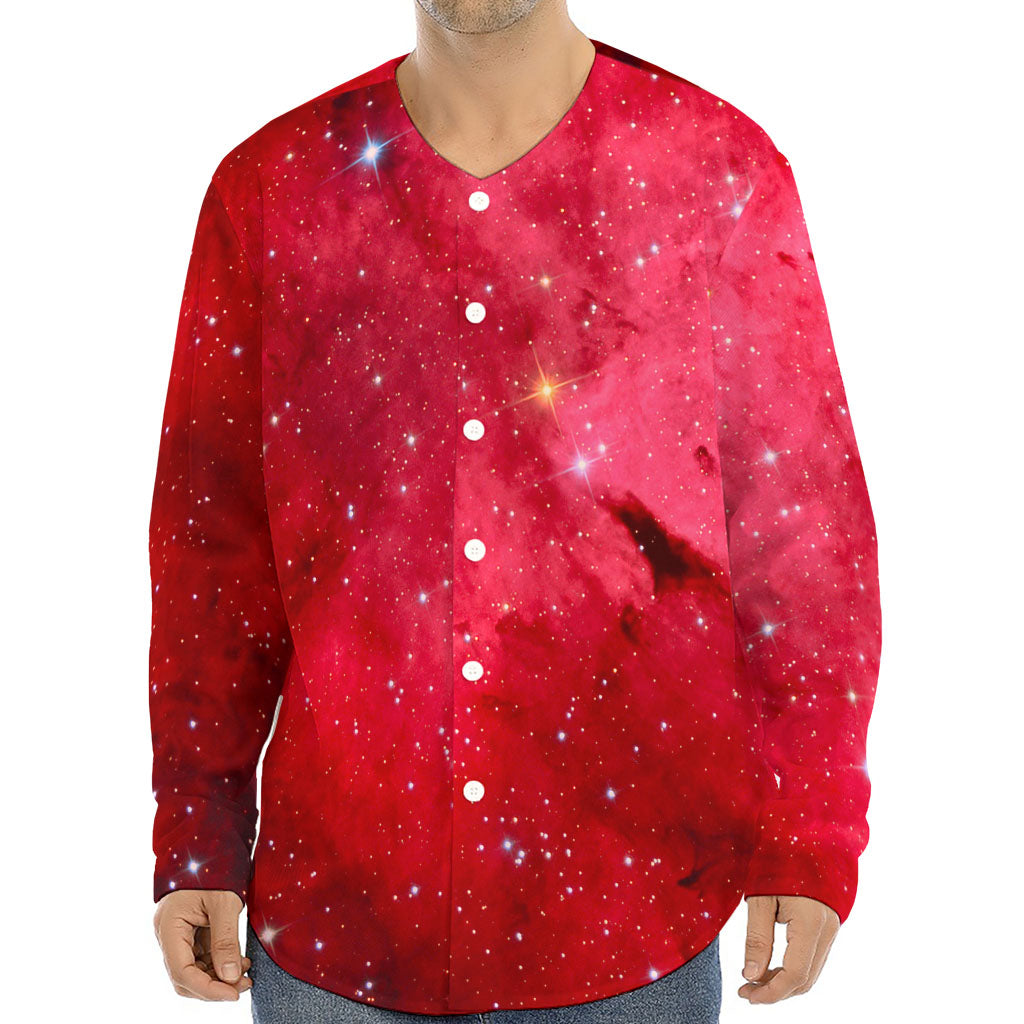 Red Galaxy Space Cloud Print Long Sleeve Baseball Jersey