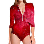 Red Galaxy Space Cloud Print Long Sleeve Swimsuit