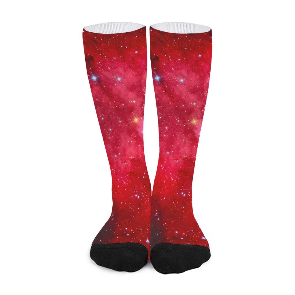 Red Galaxy Space Cloud Print Long Socks