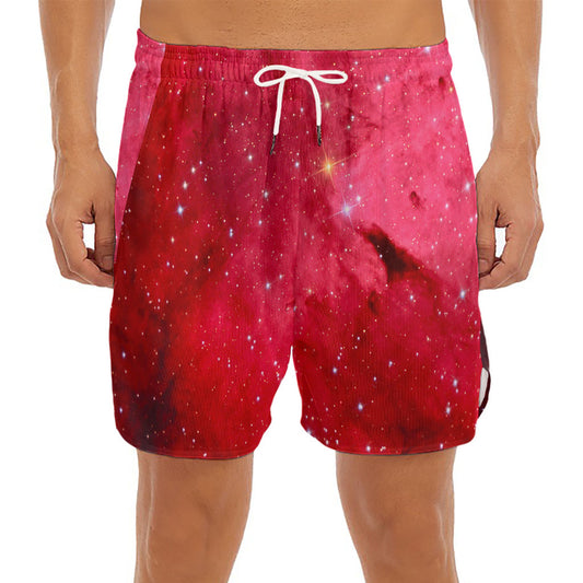 Red Galaxy Space Cloud Print Men's Split Running Shorts