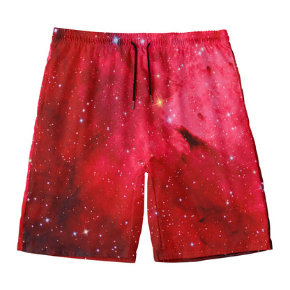 Red Galaxy Space Cloud Print Men's Swim Trunks