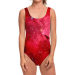 Red Galaxy Space Cloud Print One Piece Swimsuit