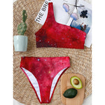 Red Galaxy Space Cloud Print One Shoulder Bikini Top