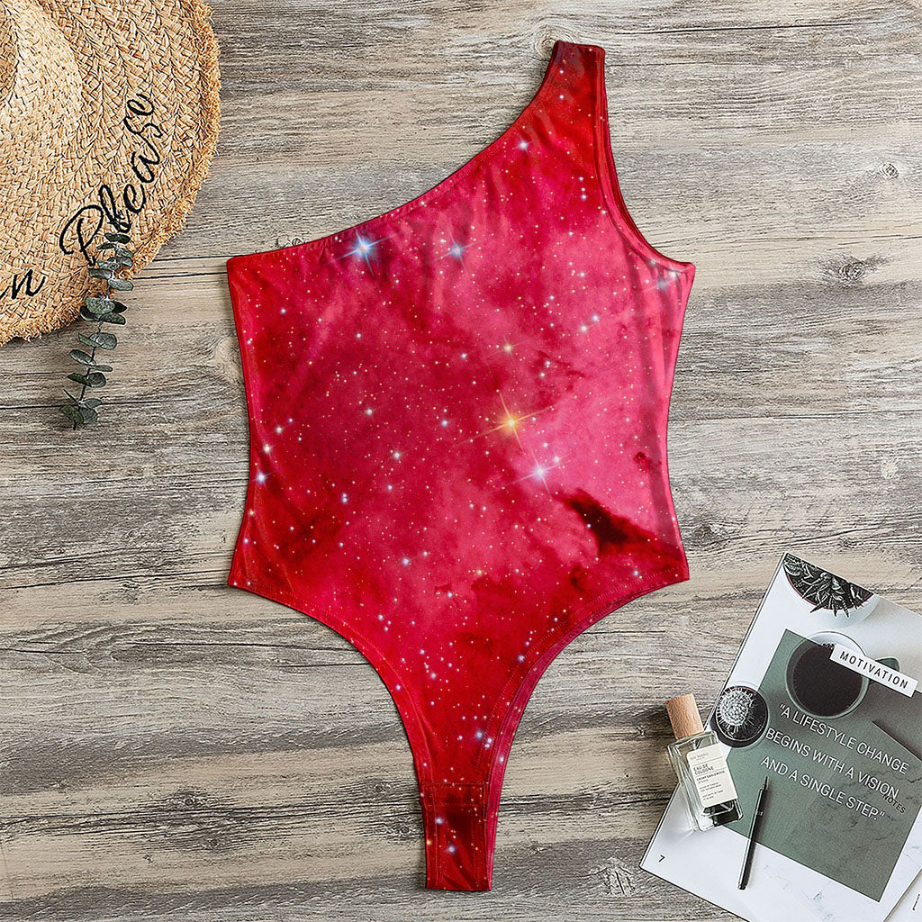 Red Galaxy Space Cloud Print One Shoulder Bodysuit