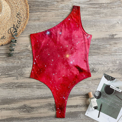 Red Galaxy Space Cloud Print One Shoulder Bodysuit