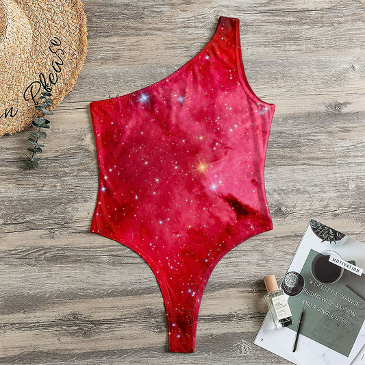 Red Galaxy Space Cloud Print One Shoulder Bodysuit