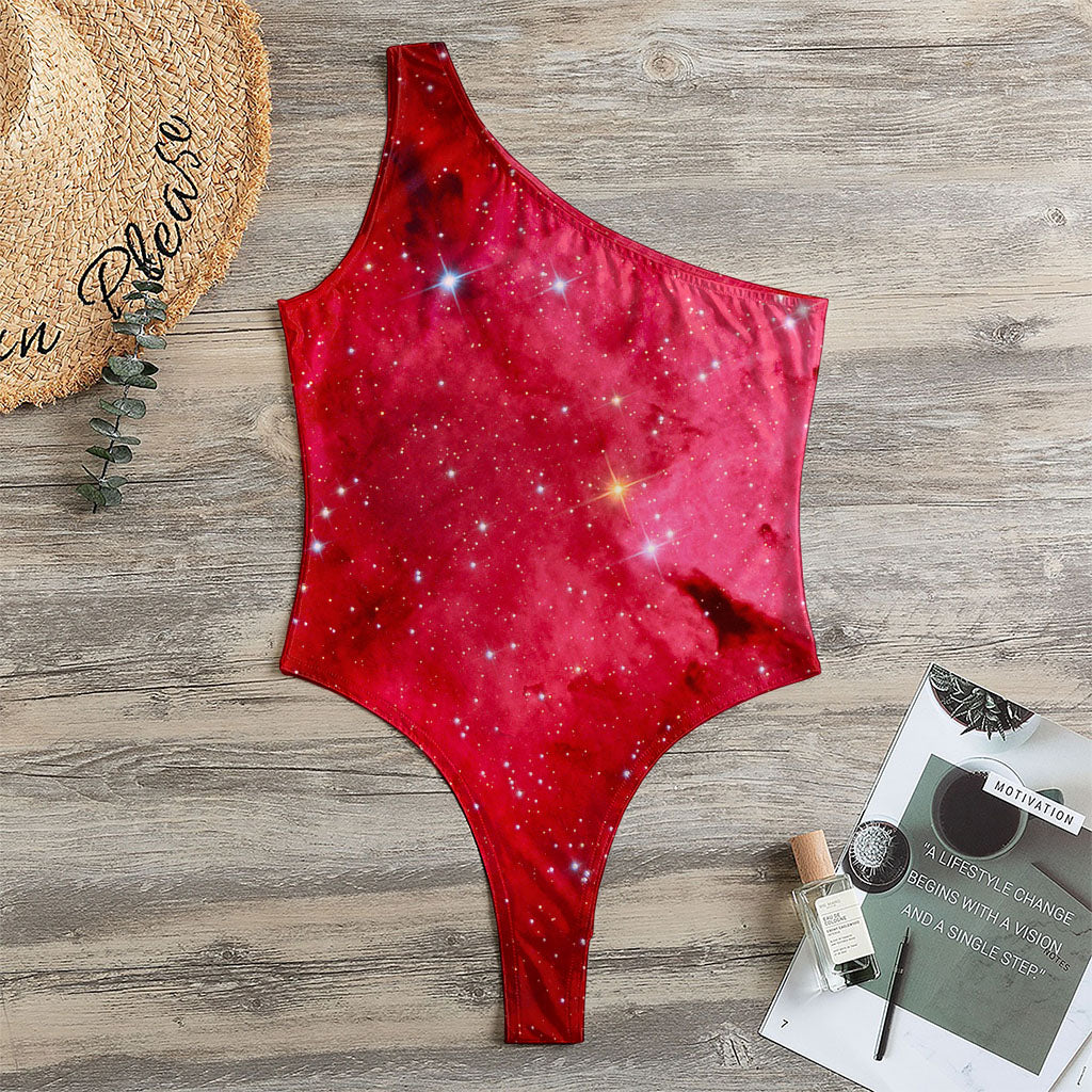 Red Galaxy Space Cloud Print One Shoulder Bodysuit