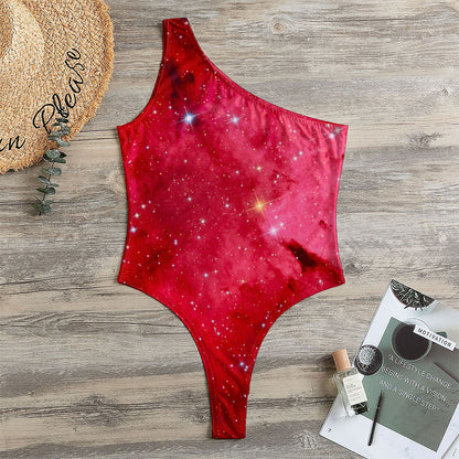 Red Galaxy Space Cloud Print One Shoulder Bodysuit