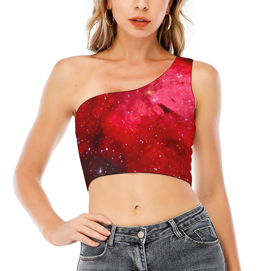 Red Galaxy Space Cloud Print One Shoulder Crop Top