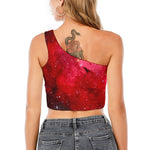 Red Galaxy Space Cloud Print One Shoulder Crop Top