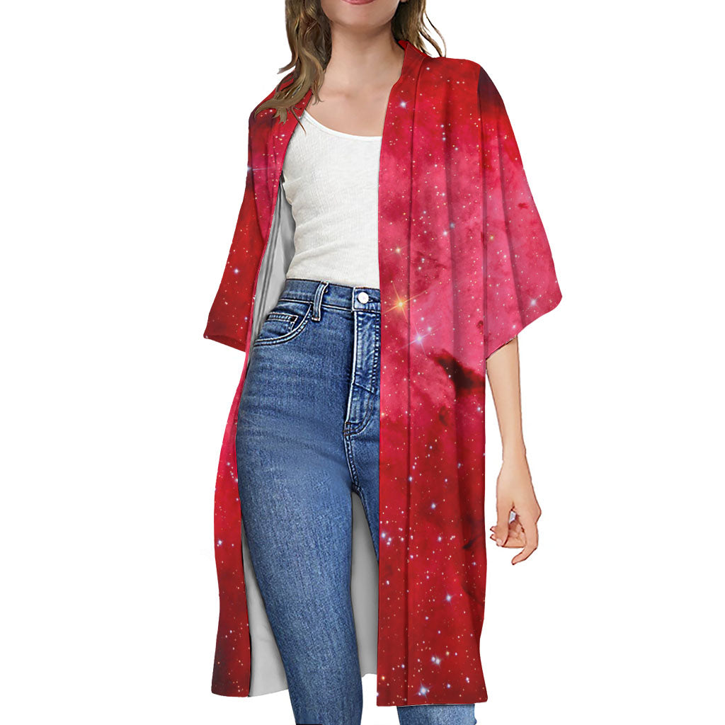 Red Galaxy Space Cloud Print Open Front Beach Cover Up