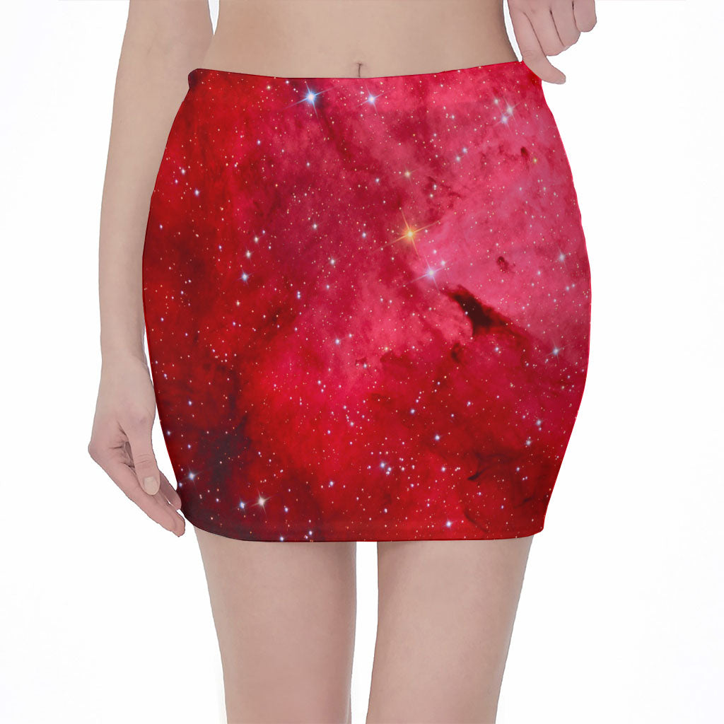 Red Galaxy Space Cloud Print Pencil Mini Skirt