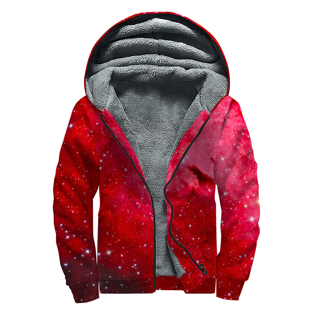 Red Galaxy Space Cloud Print Sherpa Lined Zip Up Hoodie