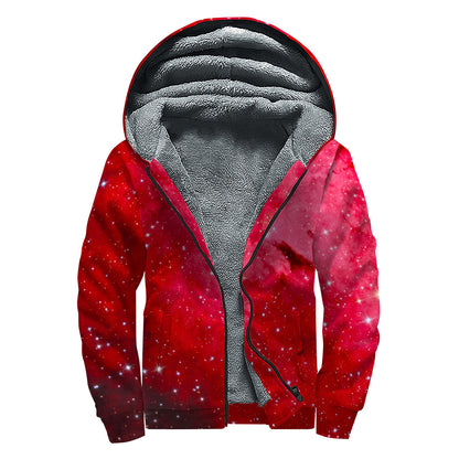Red Galaxy Space Cloud Print Sherpa Lined Zip Up Hoodie