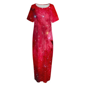 Red Galaxy Space Cloud Print Short Sleeve Long Nightdress