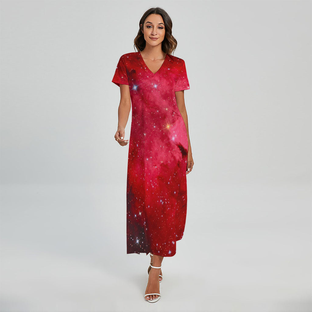 Red Galaxy Space Cloud Print Short Sleeve Maxi Dress