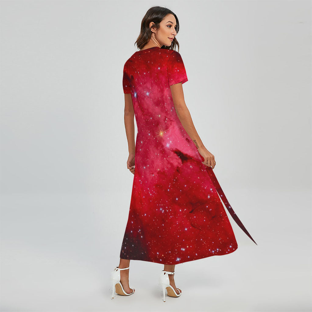 Red Galaxy Space Cloud Print Short Sleeve Maxi Dress