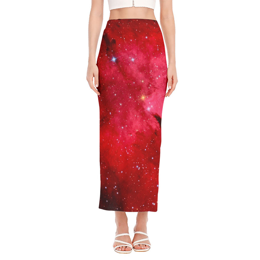 Red Galaxy Space Cloud Print Side Slit Maxi Skirt