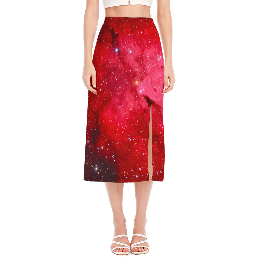 Red Galaxy Space Cloud Print Side Slit Midi Skirt