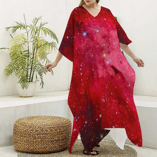 Red Galaxy Space Cloud Print Silk V-Neck Kaftan Dress