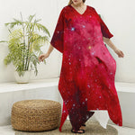 Red Galaxy Space Cloud Print Silk V-Neck Kaftan Dress