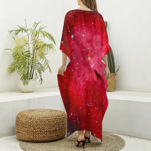 Red Galaxy Space Cloud Print Silk V-Neck Kaftan Dress