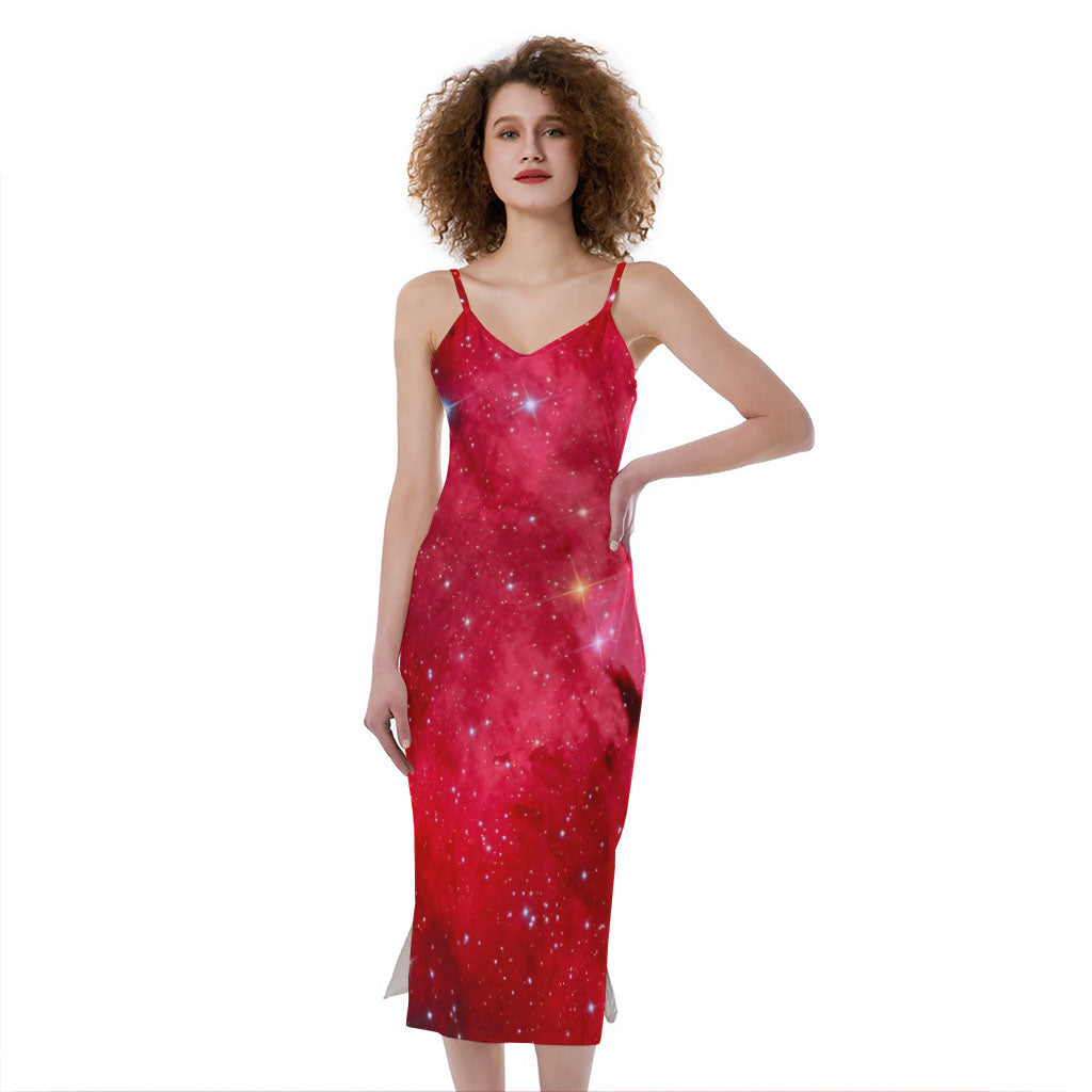 Red Galaxy Space Cloud Print Slim Fit Midi Cami Dress